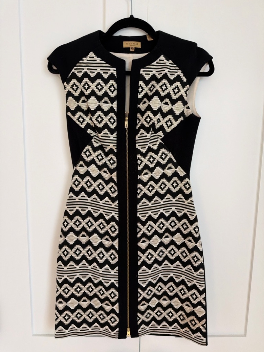 Ted Baker London Black and Cream Geometric Zip-Up Mini Dress